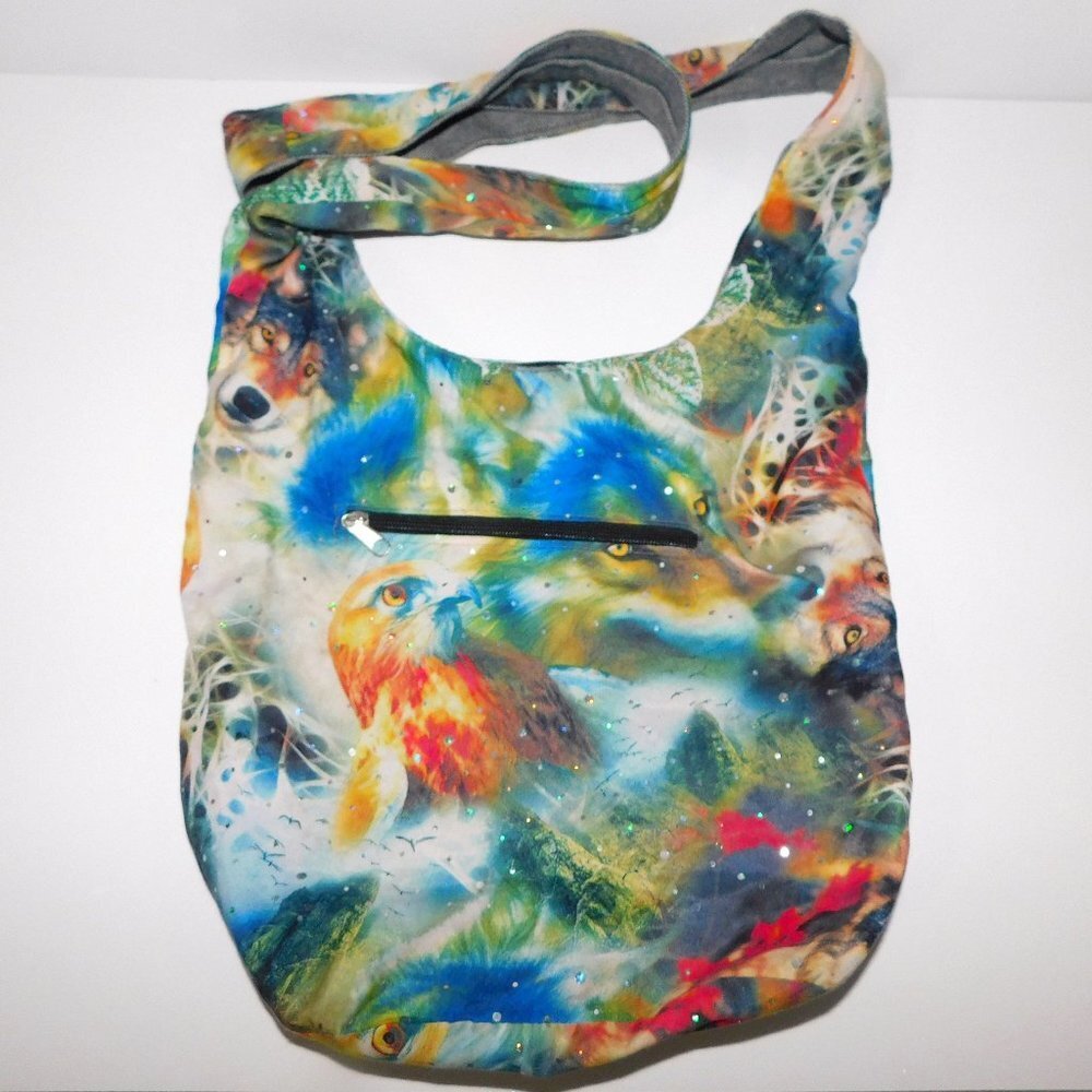 Multicolor Boho Sparkle Shoulder Bag Purse Wolf Hawk